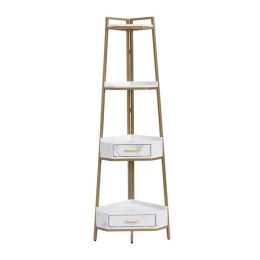 Corner Shelf with Two Drawers 72.64'' Tall; 4-tier Industrial Bookcase; Gold