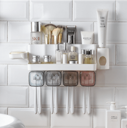 Toothbrush Holder Bathroom Shelving Perforation-free Suction Wall Bathroom Toiletry Set (Option: Shelf soap box-A family of two)